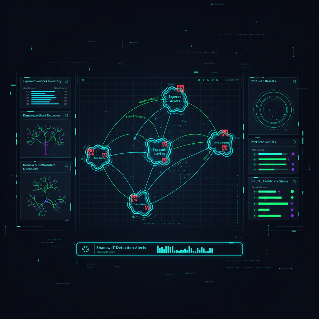 Dashboard de SurfaceScan mostrando superficie de ataque y vulnerabilidades detectadas